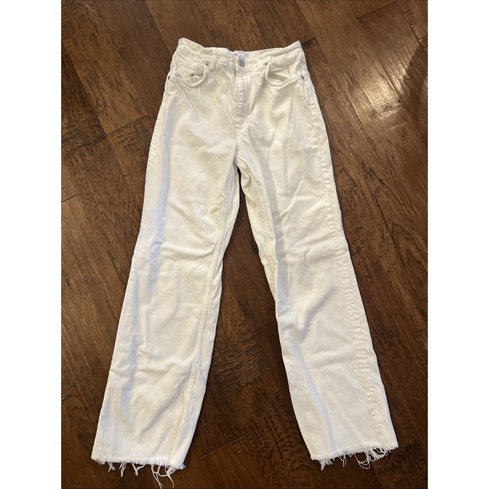 Zara Jeans Womens 6 Raw Hem Wide Leg Pants White Boho High Rise 31" Inseam